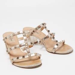 Pre Owned Valentino Gold Leather Rockstud Slide Sandals Size 37