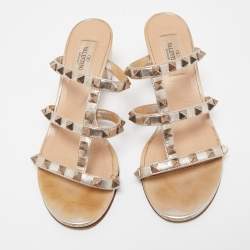 Pre Owned Valentino Gold Leather Rockstud Slide Sandals Size 37