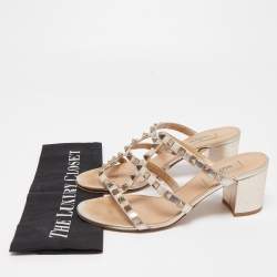 Pre Owned Valentino Gold Leather Rockstud Slide Sandals Size 37