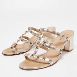 Pre Owned Valentino Gold Leather Rockstud Slide Sandals Size 37