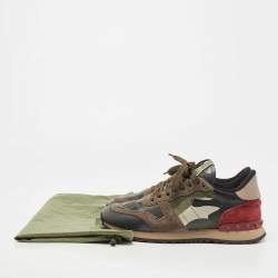Pre Owned Valentino Multicolor Leather and Canvas Rockrunner Camouflage Low Top Sneakers Size 37.5