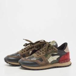 Pre Owned Valentino Multicolor Leather and Canvas Rockrunner Camouflage Low Top Sneakers Size 37.5