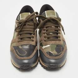 Pre Owned Valentino Multicolor Leather and Canvas Rockrunner Camouflage Low Top Sneakers Size 37.5