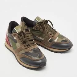 Pre Owned Valentino Multicolor Leather and Canvas Rockrunner Camouflage Low Top Sneakers Size 37.5