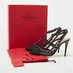 Pre Owned Valentino Black Mesh and Leather Rockstud Ankle Strap Pumps Size 40