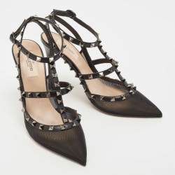 Pre Owned Valentino Black Mesh and Leather Rockstud Ankle Strap Pumps Size 40