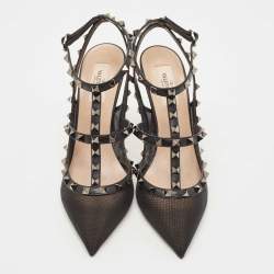 Pre Owned Valentino Black Mesh and Leather Rockstud Ankle Strap Pumps Size 40
