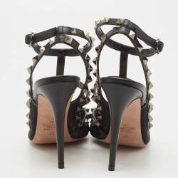 Pre Owned Valentino Black Mesh and Leather Rockstud Ankle Strap Pumps Size 40