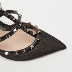 Pre Owned Valentino Black Mesh and Leather Rockstud Ankle Strap Pumps Size 40