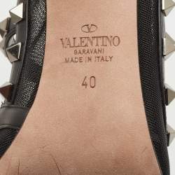 Pre Owned Valentino Black Mesh and Leather Rockstud Ankle Strap Pumps Size 40