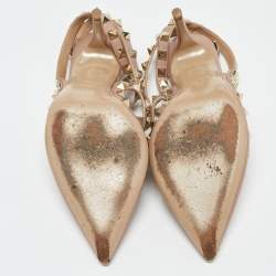 Pre Owned Valentino Beige Leather Rockstud Ankle Strap Pumps Size 36