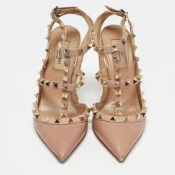 Pre Owned Valentino Beige Leather Rockstud Ankle Strap Pumps Size 36
