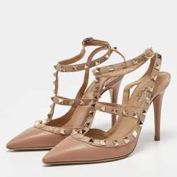Pre Owned Valentino Beige Leather Rockstud Ankle Strap Pumps Size 36