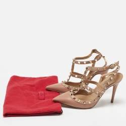Pre Owned Valentino Beige Leather Rockstud Ankle Strap Pumps Size 36
