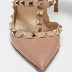 Pre Owned Valentino Beige Leather Rockstud Ankle Strap Pumps Size 36