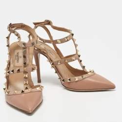 Pre Owned Valentino Beige Leather Rockstud Ankle Strap Pumps Size 36