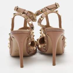 Pre Owned Valentino Beige Leather Rockstud Ankle Strap Pumps Size 36