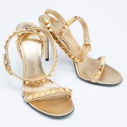 Pre Owned Valentino Gold Leather Rockstud Ankle Strap Sandals Size 36