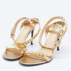 Pre Owned Valentino Gold Leather Rockstud Ankle Strap Sandals Size 36