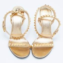 Pre Owned Valentino Gold Leather Rockstud Ankle Strap Sandals Size 36