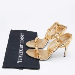 Pre Owned Valentino Gold Leather Rockstud Ankle Strap Sandals Size 36