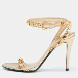 Pre Owned Valentino Gold Leather Rockstud Ankle Strap Sandals Size 36