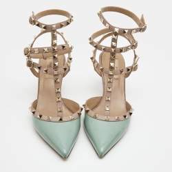 Pre Owned Valentino Blue/Beige Patent and Leather Rockstud Pumps Size 40