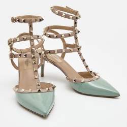 Pre Owned Valentino Blue/Beige Patent and Leather Rockstud Pumps Size 40