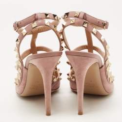 Pre Owned Valentino Beige Leather and Suede Rockstud Ankle Strap Pumps Size 40