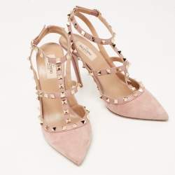 Pre Owned Valentino Beige Leather and Suede Rockstud Ankle Strap Pumps Size 40