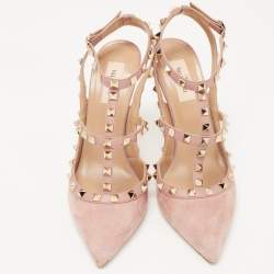Pre Owned Valentino Beige Leather and Suede Rockstud Ankle Strap Pumps Size 40