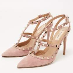 Pre Owned Valentino Beige Leather and Suede Rockstud Ankle Strap Pumps Size 40