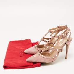 Pre Owned Valentino Beige Leather and Suede Rockstud Ankle Strap Pumps Size 40