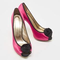 Pre Owned Valentino Pink/Black Satin Flower Applique Peep Toe Pumps Size 38.5
