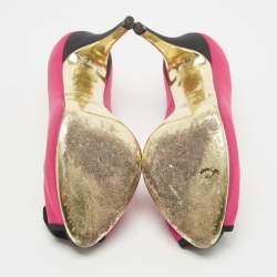 Pre Owned Valentino Pink/Black Satin Flower Applique Peep Toe Pumps Size 38.5