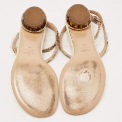 Pre Owned Valentino Cream/Beige Python Embossed and Leather Slingback Flats Size 37