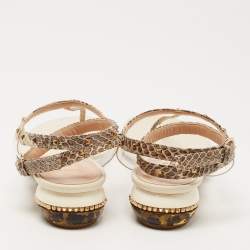 Pre Owned Valentino Cream/Beige Python Embossed and Leather Slingback Flats Size 37