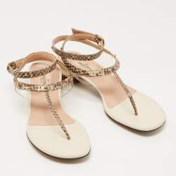 Pre Owned Valentino Cream/Beige Python Embossed and Leather Slingback Flats Size 37