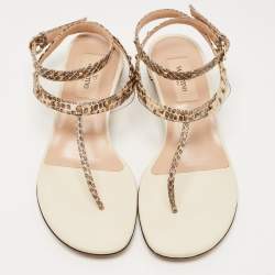 Pre Owned Valentino Cream/Beige Python Embossed and Leather Slingback Flats Size 37