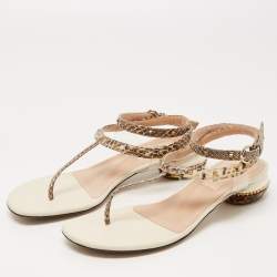 Pre Owned Valentino Cream/Beige Python Embossed and Leather Slingback Flats Size 37