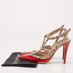 Pre Owned Valentino Red/Dusty Pink Patent and Leather Rockstud Ankle Strap Pumps Size 38