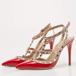 Pre Owned Valentino Red/Dusty Pink Patent and Leather Rockstud Ankle Strap Pumps Size 38