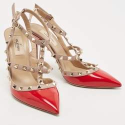 Pre Owned Valentino Red/Dusty Pink Patent and Leather Rockstud Ankle Strap Pumps Size 38