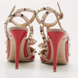 Pre Owned Valentino Red/Dusty Pink Patent and Leather Rockstud Ankle Strap Pumps Size 38