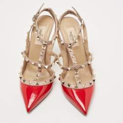 Pre Owned Valentino Red/Dusty Pink Patent and Leather Rockstud Ankle Strap Pumps Size 38