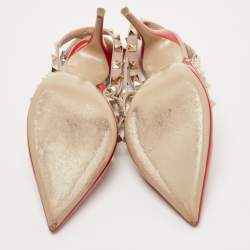 Pre Owned Valentino Red/Dusty Pink Patent and Leather Rockstud Ankle Strap Pumps Size 38