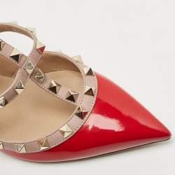 Pre Owned Valentino Red/Dusty Pink Patent and Leather Rockstud Ankle Strap Pumps Size 38