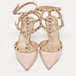 Pre Owned Valentino Pink Patent Leather Rockstud Ankle Strap Pumps Size 38