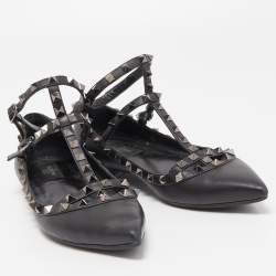Pre Owned Valentino Black Leather Rockstud Ankle Strap Ballet Flats Size 39