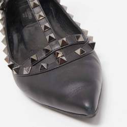Pre Owned Valentino Black Leather Rockstud Ankle Strap Ballet Flats Size 39